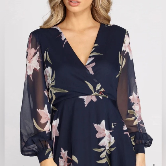 Windsor Navy Blue Floral Chiffon Long Sleeve Skater Flowy Dress M Medium - Picture 5 of 12